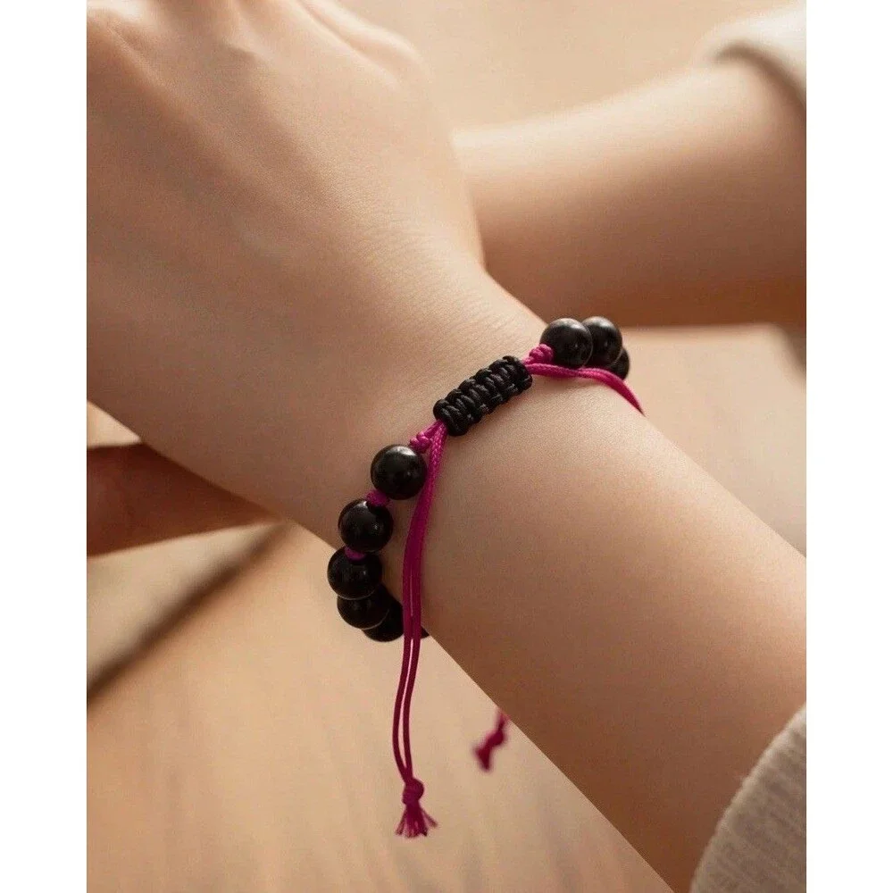 Black Beaded Bracelet Pink Adjustable Handmade Boho - Picture 2 of 9